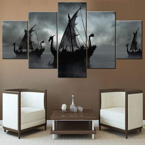 Black and White Vikings Ship Fantasy Sailing Boat Wall Art Canvas Decor Printing