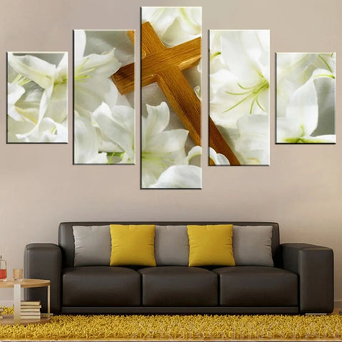Christ Cross And Lilies Flower Wall Art Canvas Decor Printing