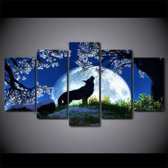 Howling Wolf Blue Moon Cherry Blossoms Night Wall Art Canvas Decor Printing