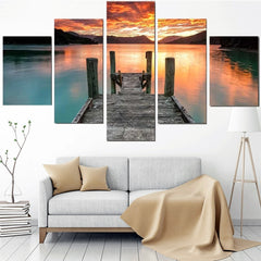 Lake Dock Mountain Red Sunset Landscape Wall Art Canvas Decor Printing