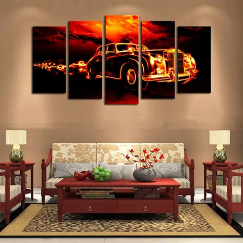 Old Car Fire Wall Art Canvas Decor Printing