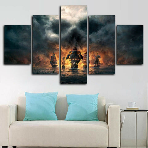 Pirates Ships Sea Skull Fire Wall Art Canvas Decor Printing