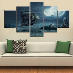 Sailing Boat Two Moons on Dark Stormy Sky Wall Art Canvas Decor Printing