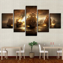 Sea Battle Pirate Ships Flame Burn Wall Art Canvas Decor Printing