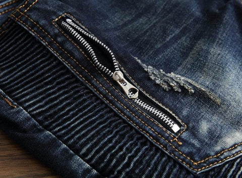 Men's Pleated Biker Jeans Pants Slim Fit Motocycle Denim Trousers - DelightedStore