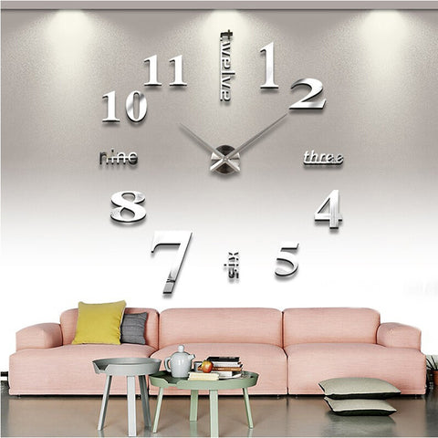 DIY 3D Decoration wall clock GIANT Quartz mirror metal modern style - DelightedStore