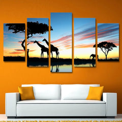 African Animal Giraffe Elephant Sunset Wall Art Canvas Decor Printing