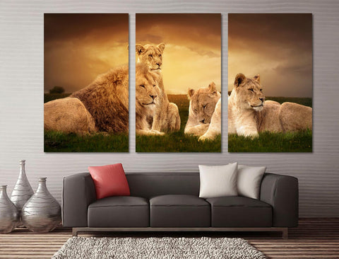 African Lions Family In the Field Wall Art Canvas Decor Printing