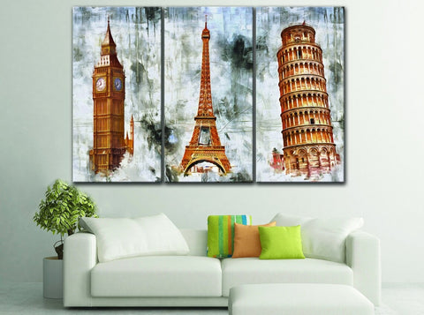 Ancient Eiffel & Pisa Towers & Big Ben London Wall Art Canvas Print Decor