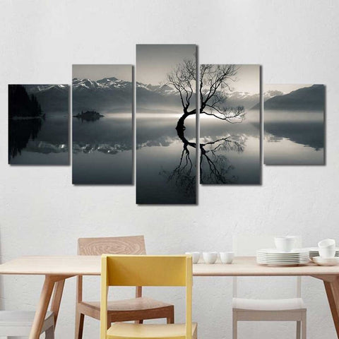 Bare Tree Silhouette Mountain Lake Landscape Wall Art Canvas Decor Printing