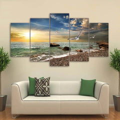 Beautiful Sunset On Rocky Sandy Beach Wall Art Canvas Decor Printing