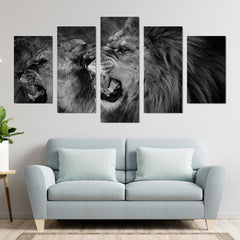 Black-White Roaring Couple Lion Wall Art Canvas Decor Printing
