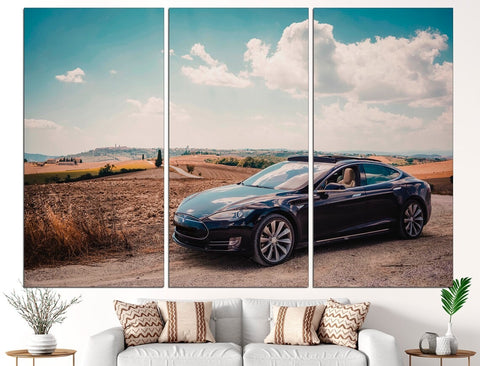 Tesla Sports Black Car Wall Art Canvas Print Decor