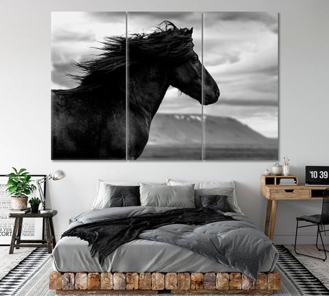 Black Wild Horse Wall Art Canvas Print Decor-3Panels