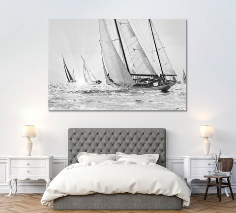 Black and White Yacht Regatta Sailboat Wall Art Canvas Print Decor-1Panel