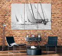 Black and White Yacht Regatta Sailboat Wall Art Canvas Print Decor-3Panel