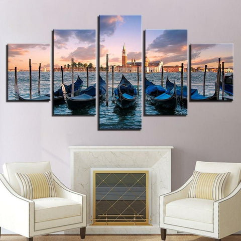 Blue Boats Sunrise Wall Art Canvas Decor Printing