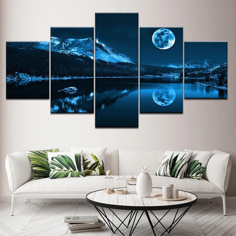 Blue Moon Mountain Lake Nature Night Forest Wall Art Canvas Decor Printing
