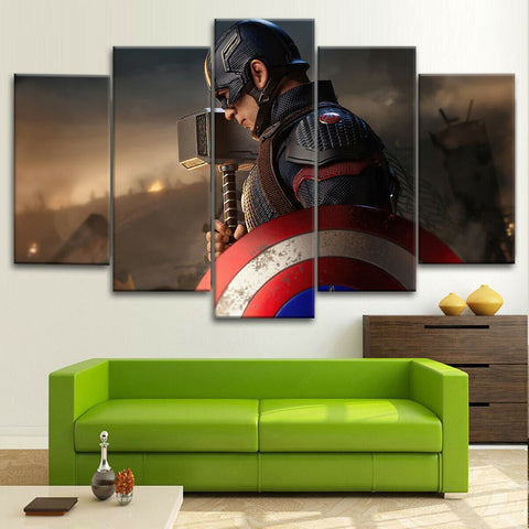 Captain America With Thor Hammer Wall Art Canvas Decor Printing