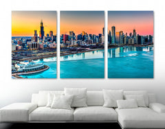 Chicago Skyline Harbor Sunset Wall Art Canvas Decor Printing