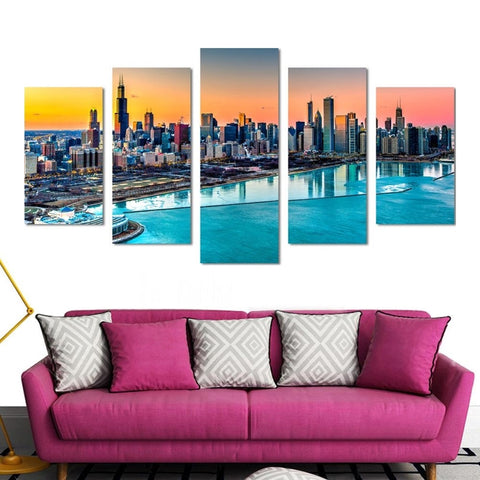 Chicago Skyline Harbor Sunset Wall Art Canvas Decor Printing