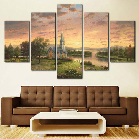 Church Sunset Landscape Wall Art Canvas Decor Printing