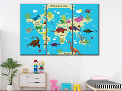 Dinosaurs World Map Wall Art Canvas Print Decor