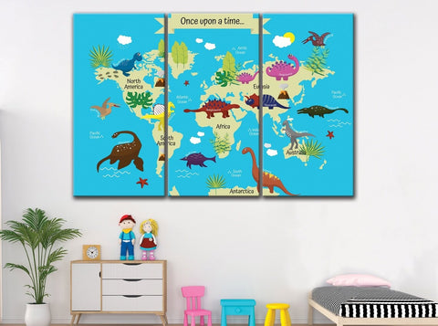 Dinosaurs World Map Wall Art Canvas Print Decor