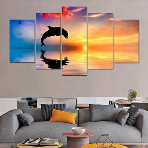 Dolphin Sunset Ocean Wall Art Canvas Decor Printing