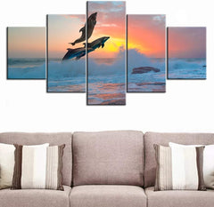 Dolphins Jumping Sea Wave at Sunset Wall Art Canvas Decor Printing