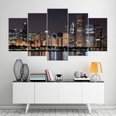 Downtown Chicago by Night Lake Michigan Wall Art Canvas Decor Printing