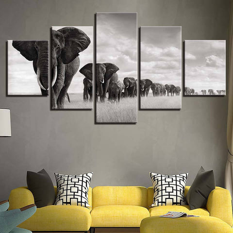 Elephant Group Black-White Wall Art Canvas Decor Printing