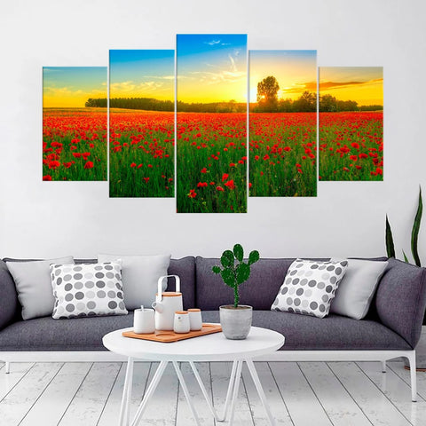 Field of Red Poppies Sunset Wall Art Canvas Decor Printing