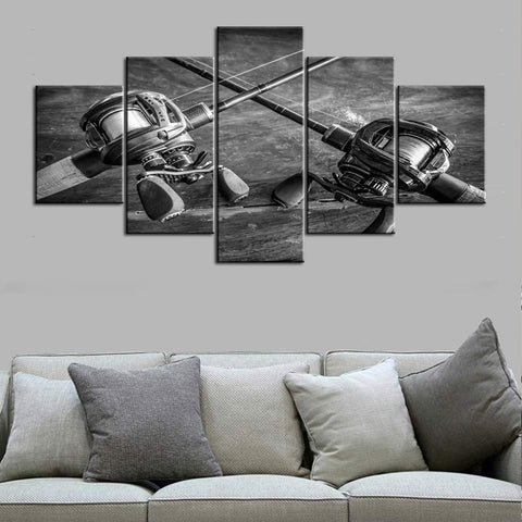 Fishing Rod and Reel Black-White Wall Art Canvas Decor Printing