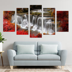 Forest Waterfall Red Trees Nature Wall Art Canvas Decor Printing