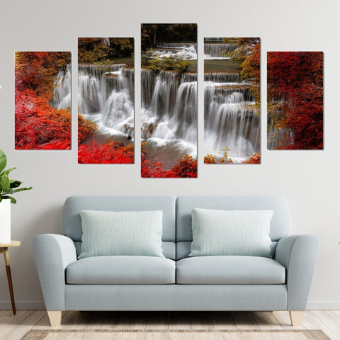 Forest Waterfall Red Trees Nature Wall Art Canvas Decor Printing