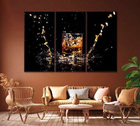 Glass of Whiskey with Splash Wall Art Canvas Print Decor-3Panels