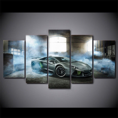 Gray Luxury Sports Car Wash Steam Smoke Wall Art Canvas Decor Printing