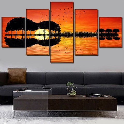 Guitar Island Tree Lake Sunset Reflection Wall Art Canvas Decor Printing