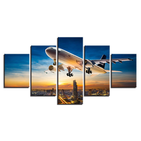 Airplane Sunset on the City Wall Art Canvas Print Decor - DelightedStore