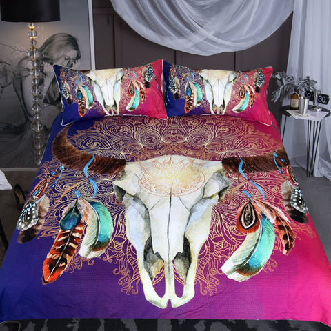 Skull Feathers Tribal Duvet Cover Set