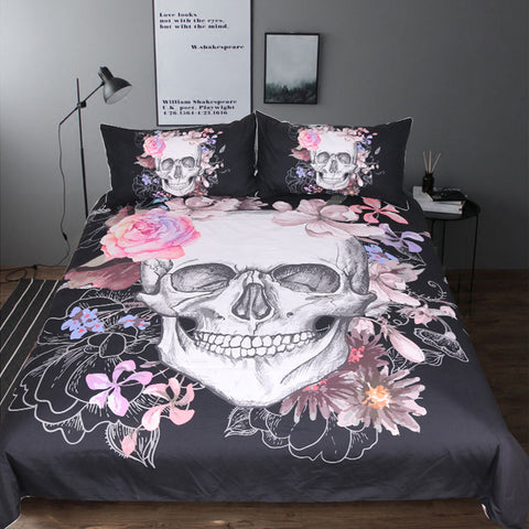 BeddingOutlet Sugar Skull and Floral Duvet Cover Set 3pcs Gothic Bedclothes Flowers Printed Bedding Set Pink And Black Bed Cover