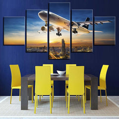 Airplane Sunset on the City Wall Art Canvas Print Decor