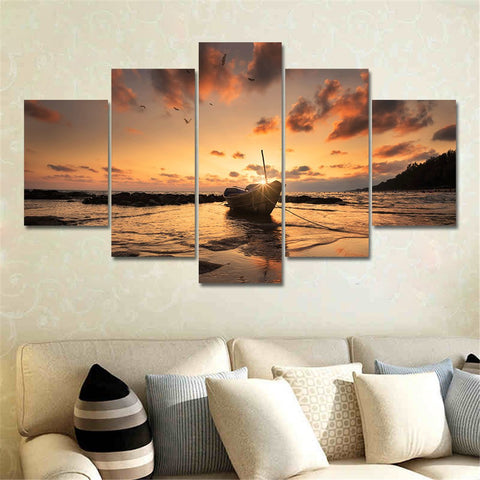 Canvas Painting Home Decoration Wall Art Pictures 5 Panel Ship Boat Sunset Seascape Painting Room HD Printed Poster Frame PENGDA