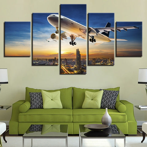 Airplane Sunset on the City Wall Art Canvas Print Decor - DelightedStore
