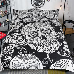 Black-White Rose Skull Duvet Cover Set - DelightedStore