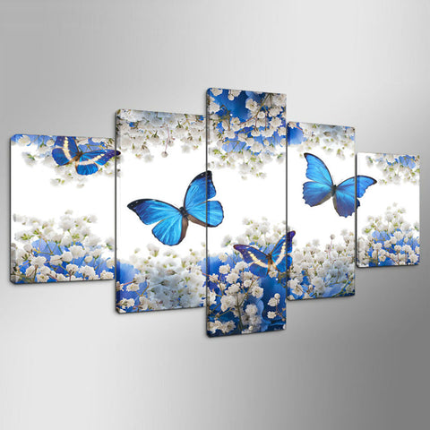 Blue Butterfly and Flower Wall Art Canvas Print - DelightedStore