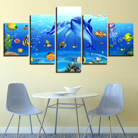 Wall Art Canvas Pictures Living Room Decor Framework 5 Pieces Underwater World Paintings Prints Dolphins Coral Reef Fishs Poster