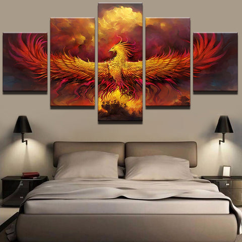 Canvas Abstract Painting Modular Wall Art 5 Pieces Fire Phoenix Bird Pictures Living Room Home Decor HD Printed Poster Framework
