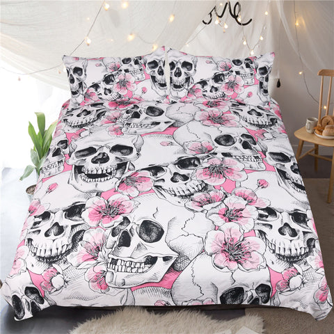 Cherry Blossoms Skull Duvet Cover Set - DelightedStore